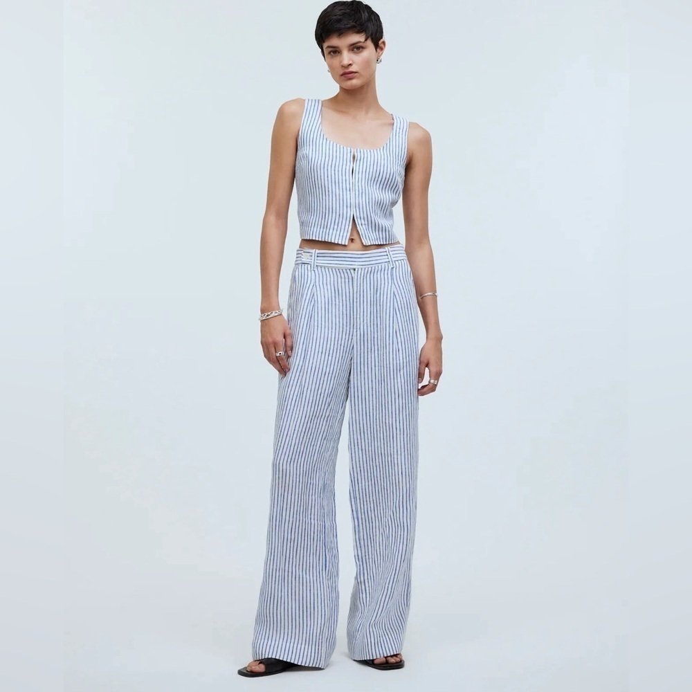Madewell The Harlow Wide-Leg Pant in 100% Linen White/Blue Stripes Size 8 NWT - Picture 1 of 11